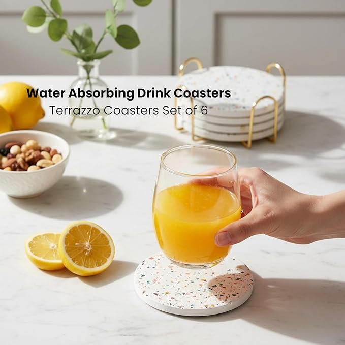 Terrazzo Drink Absorbent Coasters with Holder Set of 6, Ceramic Coaster for Drinks, Coffee Table Decor, Water Absorbing Stone Coaster for Drinks (Confetti)