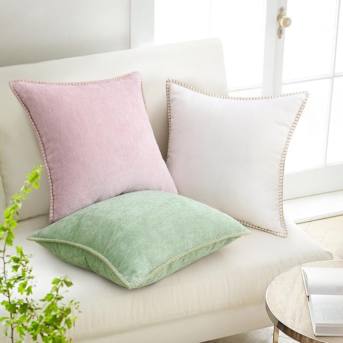 decorUhome Summer Chenille Soft Cozy Throw Pillow Covers 24x24 Set of 2, Modern Farmhouse Boho Velvet Decorative Euro Sham Pillow Cases with Stitched Edge for Couch Sofa Bed Home Decor, Blush Pink