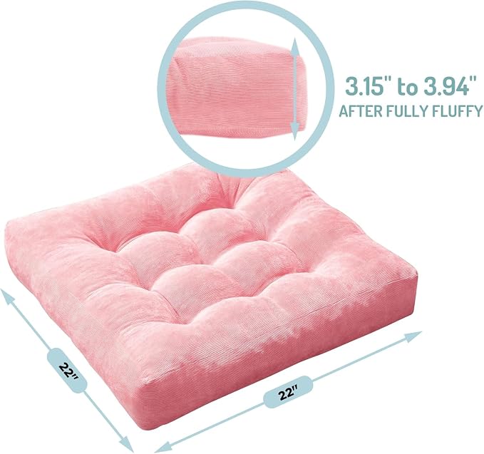Degrees of Comfort Floor Cushion 6 Pack for Meditation, Home Office & Studio – Corduroy Soft Seating Set, 22 Inch, High-Density Foam, Square Shape, Pink