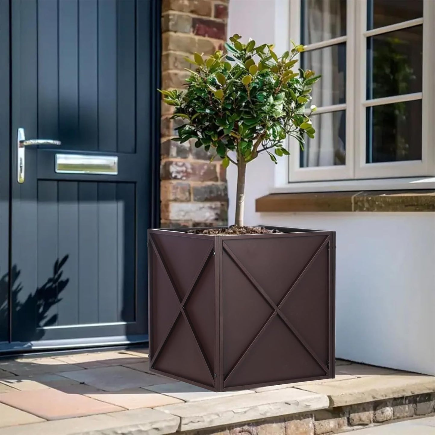 SUNNYPARK Large Metal Planter Box 17”x 17”x 18”, Square Modern Brown Metal Planter Box Heavy Duty with Drainage Holes for Outdoor Garden Patio