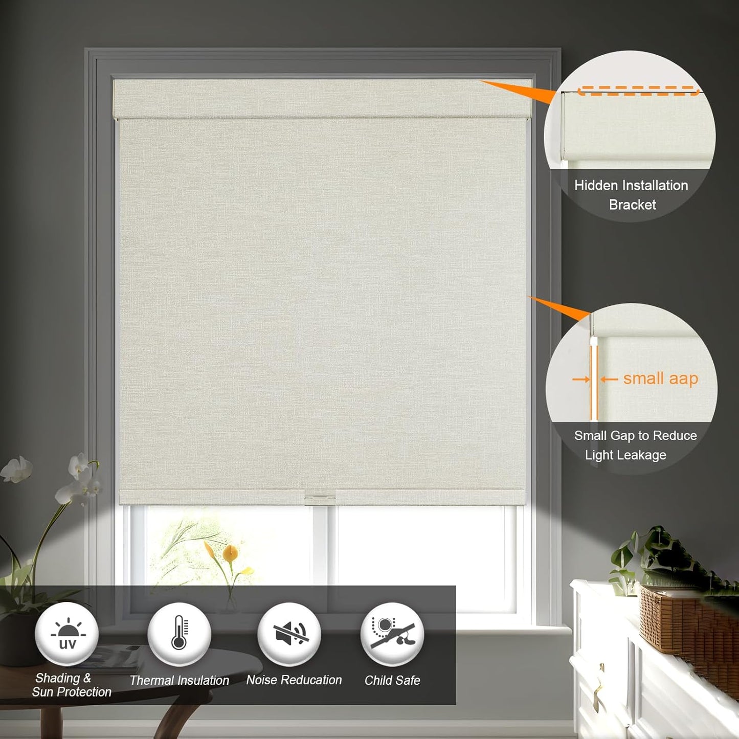 Persilux Blackout Shades for Windows Cordless Roller Blinds, Roller Windows Shades for Home with Fabric Attached Valance, UV Protections Easy Installation for Door/Office, Limestone(12" W x 48" H)
