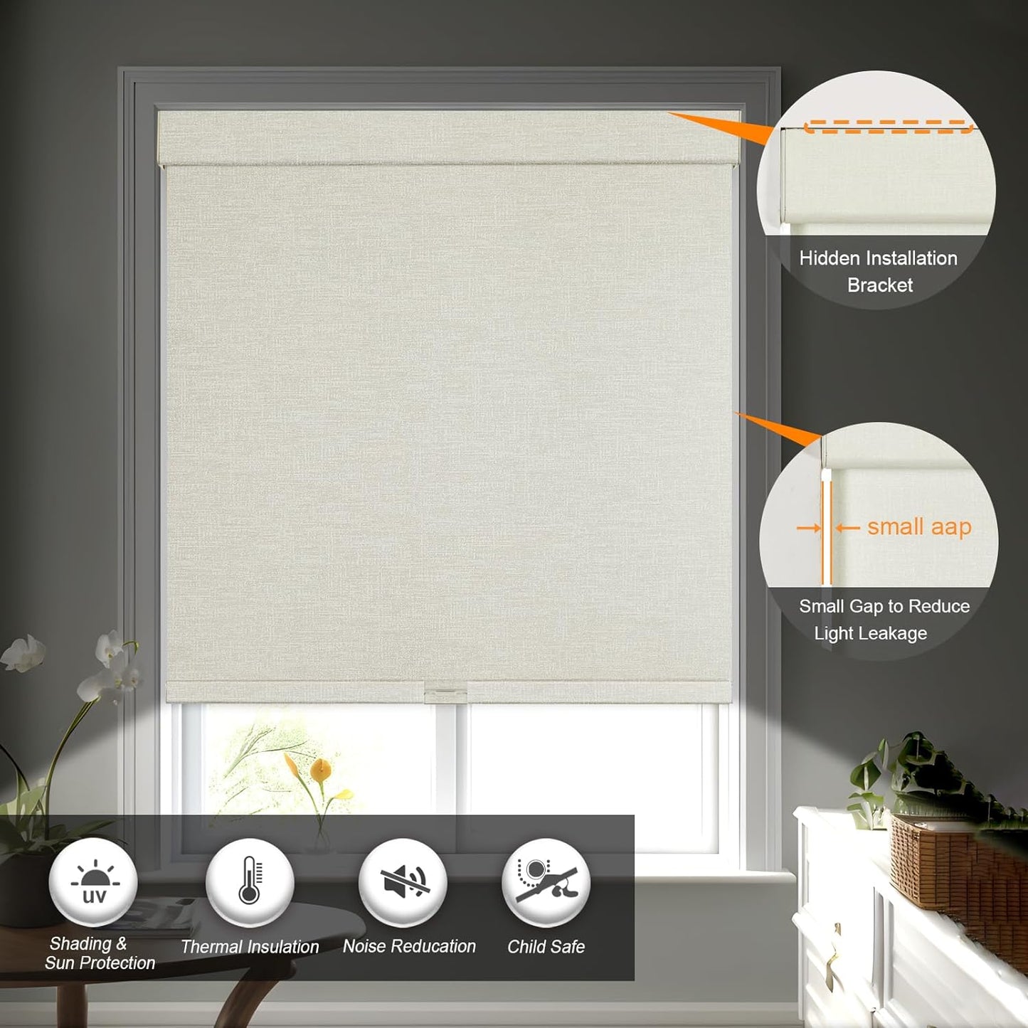 Persilux Blackout Shades for Windows Cordless Roller Blinds, Roller Windows Shades for Home with Fabric Attached Valance, UV Protections Easy Installation for Door/Office, Limestone(57.5" W x 64" H)