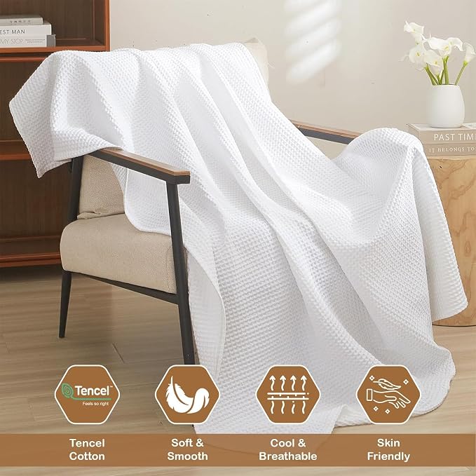 ARlinen 100% Tencel Cotton Waffle Blanket, Lightweight, Breathable, Soft All-Season Bed Blanket for Couch, Sofa, Perfect for Hot Sleepers, Queen (90x90), White