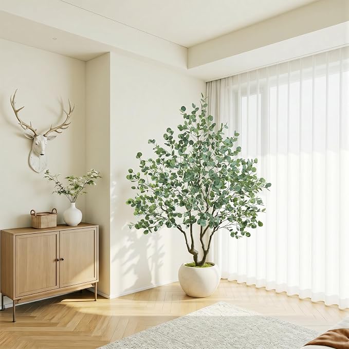 Caxchiling Large Artificial Eucalyptus Tree 8FT, Indoor Outdoor Faux Tree | Natural Trunk with White Planter for Home Office Living Room Front Door Decor