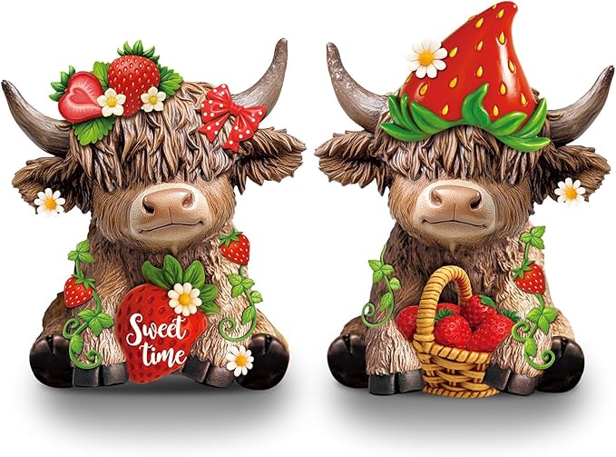 Karenhi 2 Pcs Strawberry Highland Cow Figurines, Strawberry Cute Resin Cow Ornaments Statue Calf Lovers Gifts for Home Garden Kitchen Office Tiered Tray Table Decor