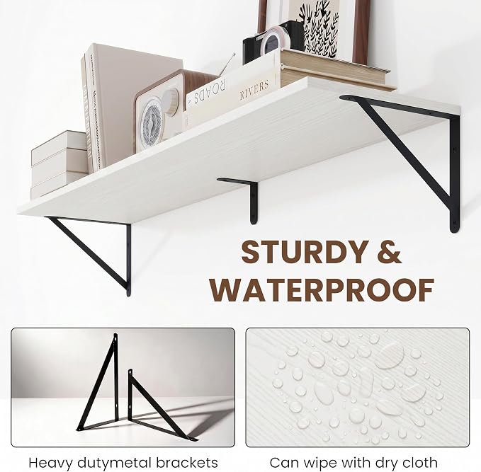 Vivelove White Deep Floating Shelves for Wall, 48W x 8D Wood Wall Shelves Set of 3, Wide Floating Bookshelf for Living Room, Kitchen, Office, Bedroom and Decor Storage, with Black Bracket - White