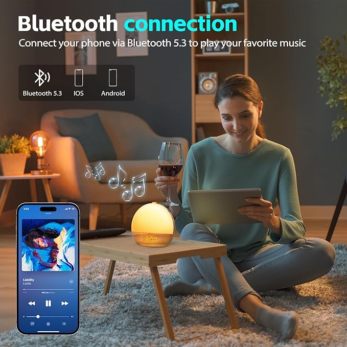Geuuap Wood Grain White Noise Sound Machine Sunrise Alarm Clock with 25 Soothing Sounds, 17 Dimmable Night Lights, Bluetooth Speaker Wake Up Light alarm clocks for bedrooms, Heavy Sleepers, Baby, Kids