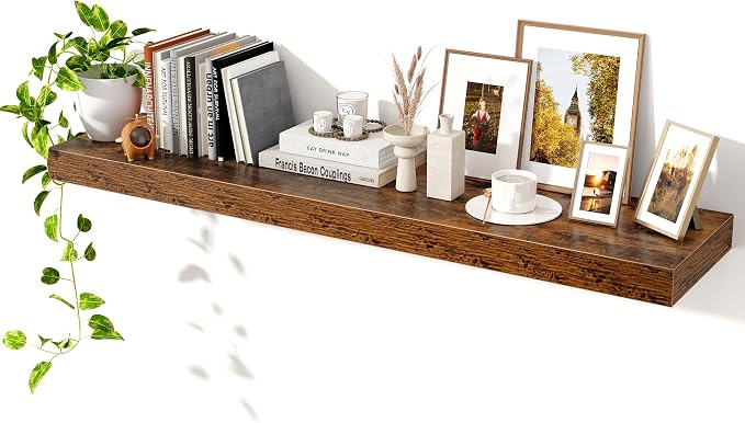 Axeman 48Inch Floating Shelves for Wall, Rustic Wood Shelves for Bedroom, Bathroom, Kitchen, Hanging Wall Mounted Shelf with Invisible Brackets for Books Decor, Set of 1, Rustic Brown