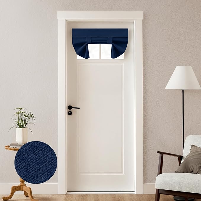 HOMEIDEAS 100% Linen Blackout French Door Curtains, Privacy Small Door Window Curtains, 26 X 20 Inch Shades for Front Window, Thermal Insulated Covering, 1 Panel, Navy