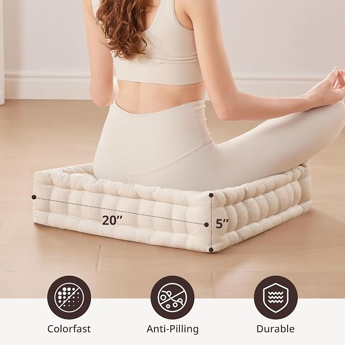 Intelligent Design Azza Floor Pillow, Large Cushions Sitting for Adults, Floor Pillow for Meditation or Yoga, Lustrous Chenille Tufted with Scalloped Edges for Bench/Chair Cushion, 20"x20"x5" Ivory