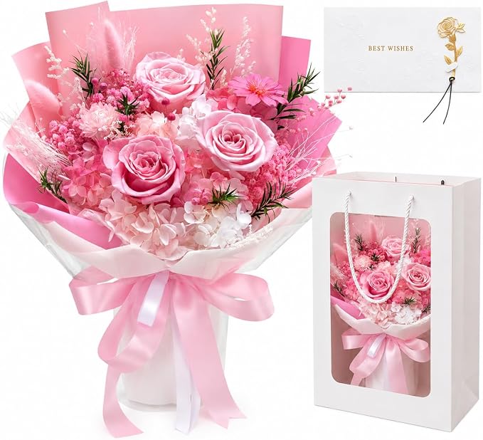 Preserved Pink Rose Bouquet, 100% Real Flowers for Women Mother Wife, Long-Lasting Eternal Roses with Gift Box, Forever Flowers for Anniversary Birthday Mother's Day, Lasts 3-5 Years