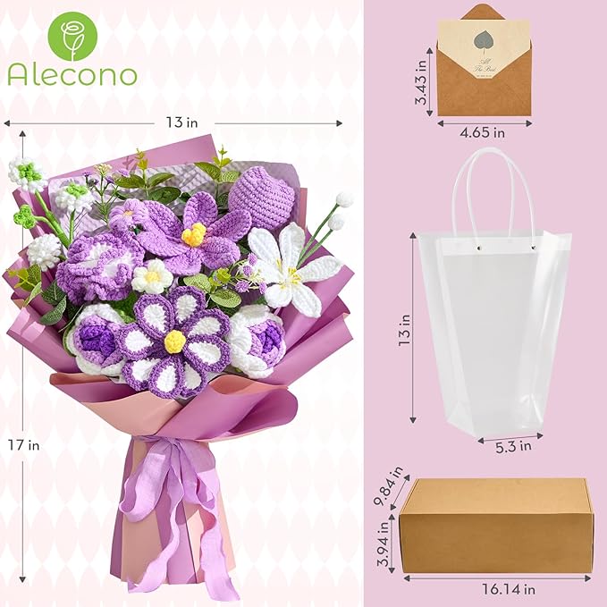 Alecono Large Crochet Flower Bouquet, Knitted Artificial Flowers, Crochet Tulip as a Gift for Valentines Day Mothers Day, Graduation Gifts for Girls Women (Purple)