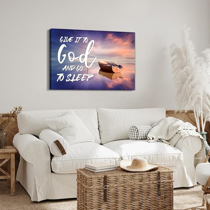 Give it to God and Go to Sleep Canvas Wall Art Christian Quotes Wall Decor Beach Themed Religious Pictures Prints Artwork Bedroom Kitchen Painting Christian Bible Verse Artwork Home Decorations 24x36"