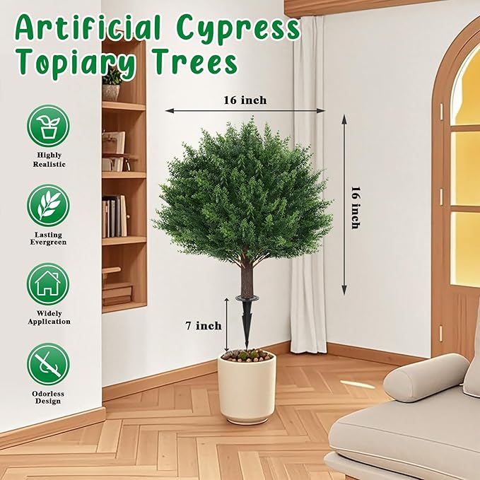 Grooy Artificial Cypress Topiary Tree with Ground Spike, Set of 4 Artificial Shrub Bushes, Fake Evergreen Tree for Porch, Artificial Plants for Outdoor Planters Indoor UV Resistant