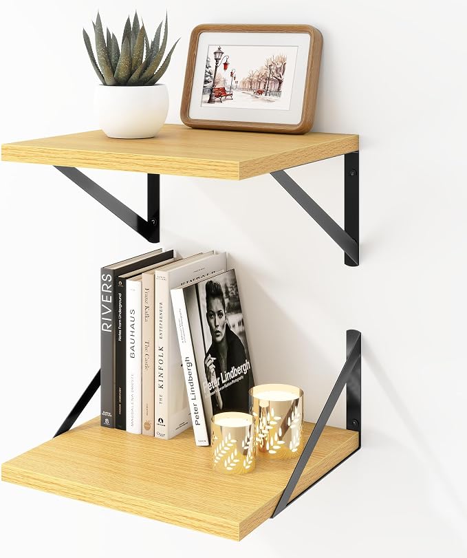 Acovy Deep Floating Shelves Wall Mounted, 12"x12" Oak Wall Shelves with Brackets Set of 2 for Bedroom, Living Room, Bathroom, Kitchen, Office - Storage & Display Shelf for Decor, Books, Plants