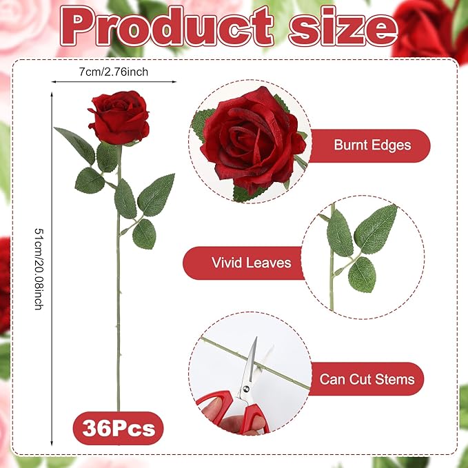 36 Pcs Burgundy Artificial Roses with Long Stems, Fake Silk Rose Artificial Flowers Bulk for Bridal Wedding Bouquet Centerpiece Ball Arrangement Party Decor