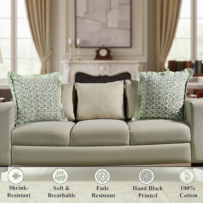 Ridhi Block Print Bloom Bubbles Throw Pillow Cover 24" x 24" (Pack of 2) Decorative Cushion Covers with Ruffle for Couch, Sofa, Bed, Living Room, Home Decor Gift for Spring, Easter, Valentine