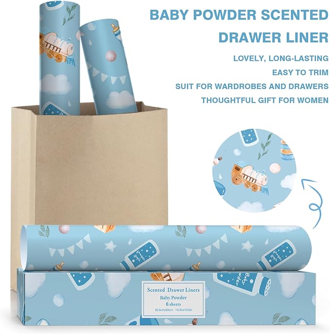 SCENTORINI Baby Powder Scented Drawer Liners for Dresser, 6 Sheets Fragrant Drawer Paper Liners Non-Adhesive Paper Sheets for Home Closet, Bedroom Drawers, Kitchen Cabinets