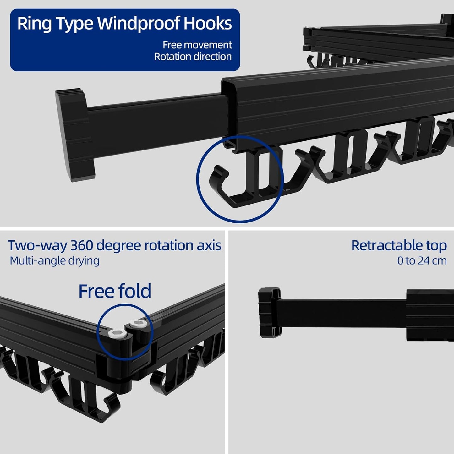 Clothes Drying Rack, Wall Mounted Laundry Drying Rack, Upgrade 3-Fold Foldable Collapsible Retractable Clothing Drying Rack with 12 Dual Hooks Organization for Laundry Room Indoor- Black