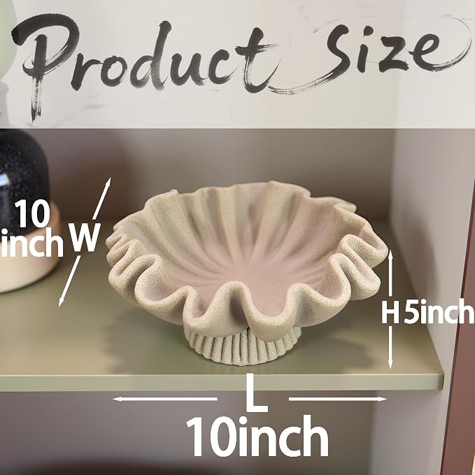 10" Large Handmade Decorative Bowl decor , Handicraft Scalloped Bowls for Modern Home Decor,Ruffle Decor,Key Bowl for Entry Table,Decorative Fruit Bowl for Kitchen Counter,Artificial Stone Beige