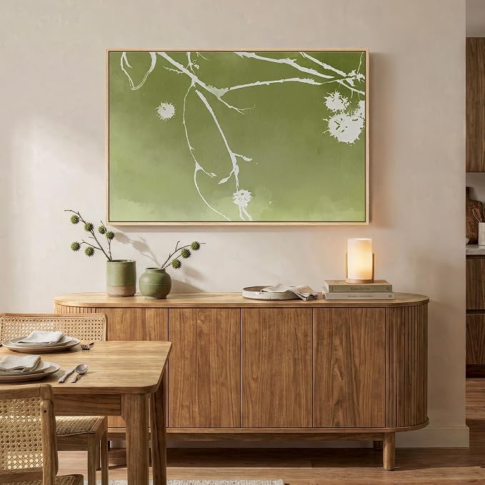 Framed Green Abstract Botanical Wall Art, Modern Minimalist Sage Green Canvas Prints Paintings for Walls, Rustic White Branch Pictures Wall Decor for Living Room Bedroom Dinning Room Office, 24x36 In