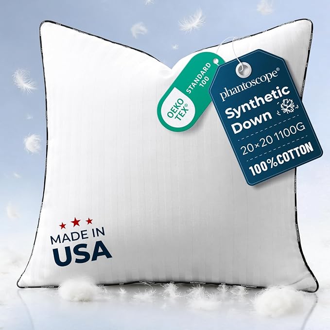 Phantoscope Synthetic Down Pillow Insert - 20x20 Down Alternative, Ultra Soft Large Square Throw Pillow with 100% Cotton for Couch Sham, Bed Sleeping (White, Set of 1)
