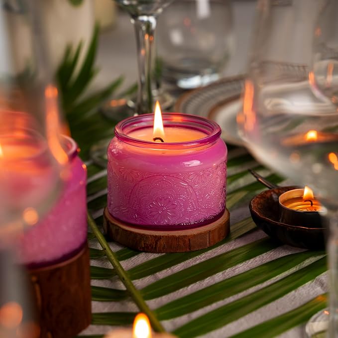 4 oz Purple Mandala Glass Candle Jars with Bamboo Lids, 18 Pack | Patented Embossed Design, Includes Wick Centering Devices & Warning Labels, Multiple Color Options