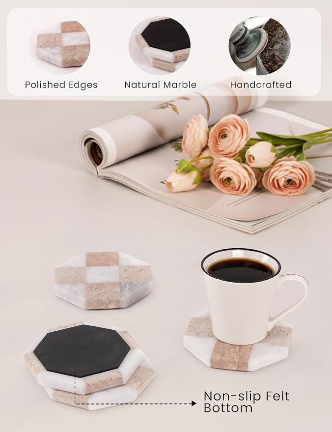 Marble Coasters Set of 4, Travertine & White Matt Handmade 4 inch Star Checkered Stone Coaster, Drink Coasters for Living Room, Trendy Office Desk Accessories & Home Décor