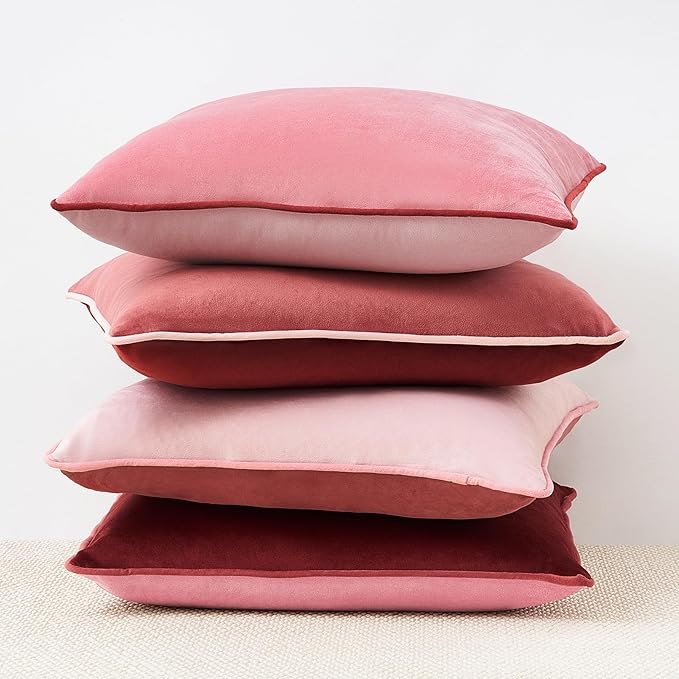 MONDAY MOOSE Decorative Throw Pillow Covers Cushion Cases, Set of 4 Soft Velvet Modern Double-Sided Designs, Mix and Match, Pillow Inserts Not Included (20x20 inch, Pink/Dark Pink)