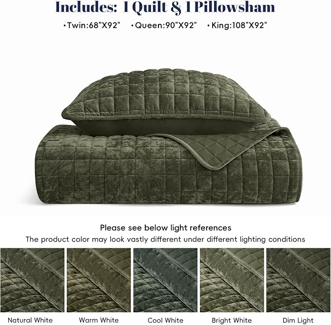 PHF Luxurious Velvet Quilt Set Twin Size – 2PCS Super Soft Quilted Comforter Alternative with Square-Box Quilt Pattern, Warm Quilted Bedspread Coverlet, 68" x 92", Smokey Olive