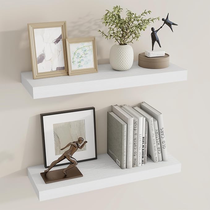 Dreamland 24Inch White Floating Shelves 6.7" Deep Wall Mounted Set of 2 | Wall shelves for bathroom, bedroom, kitchen, deep wall mount wood storage display for home decor 24" x 6.7"