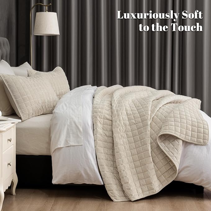 PHF Luxurious Velvet Quilt Set King Size – 3PCS Super Soft Quilted Comforter Alternative with Square-Box Quilt Pattern, Warm Quilted Bedspread Coverlet, 108" x 92", Sand
