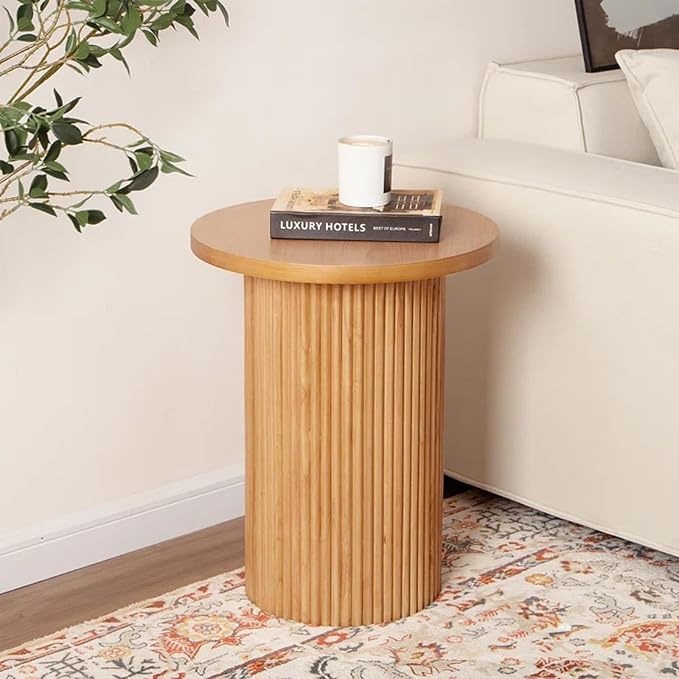 Round Side Table, Small Wood End Table Nightstand for Living Room, Bedroom, Office Small Spaces, Mid Century Modern Farmhouse Accent End Tables, Fluted Base Design, 16.93" D x 22.44" H