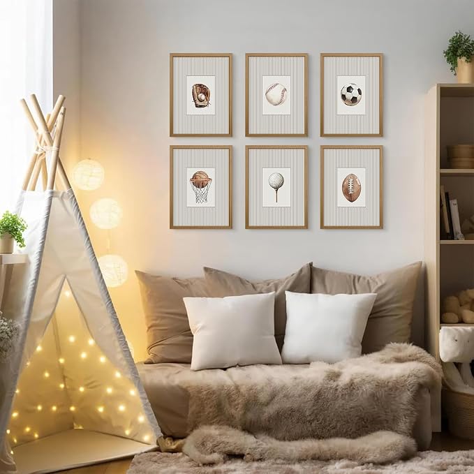Sports Wall Art Decor Toddler Boys Room Canvas Prints Vintage Sports Nursery Wall Decor Baby Kids Poster Football Baseball Pictures Basketball Theme Artwork for Children Bedroom 8x10 Inch Wood Framed