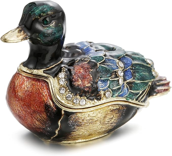 Hand Painted Enamel Duck Trinket Box for Home Decor, Hinged Jewelry Organizer for Ring Earrings, Unique Figurine Keepsake Collectible Personalized Elegant Handmade Ornament Gifts (Green Duck)