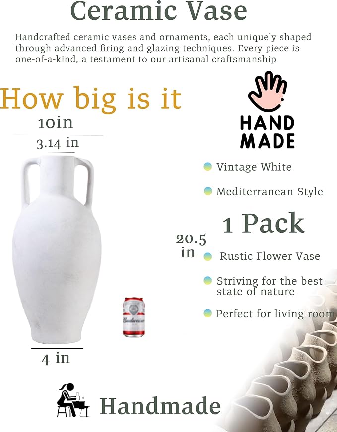 UPWOIGH 20.5in Ceramic Floor Vase with Handles | Hand-Painted Glaze Craft, Pure White Finish, Light Black Speckled Accents, Rustic Farmhouse Décor, Gift 1 Pack