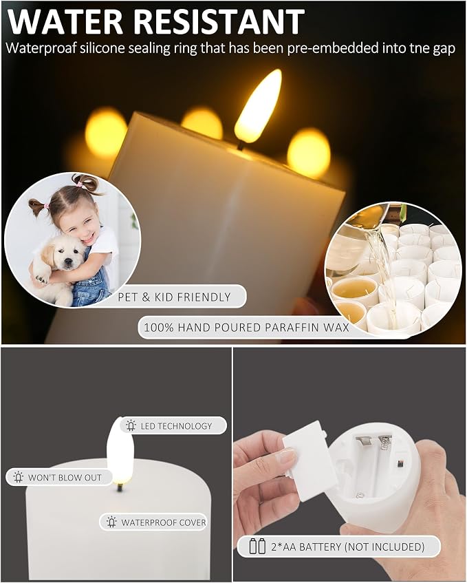 Oleitodh 9 Pcs White Flameless Candles Flat Top LED Candles with Remote Timer, Pillar Flameless Candle Bulk Flickering Battery Operated Candle for Wedding Festival Outdoor Home Decor D 3'' H 6''