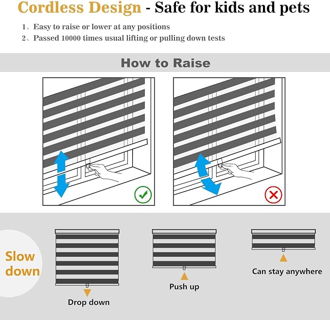 AOSKY Zebra Blinds for Windows Cordless Roller Shades for Home Free-Stop Windows Shades Dual Layer Light Control for Day and Night Easy to Install (46" W X 72" H, White)