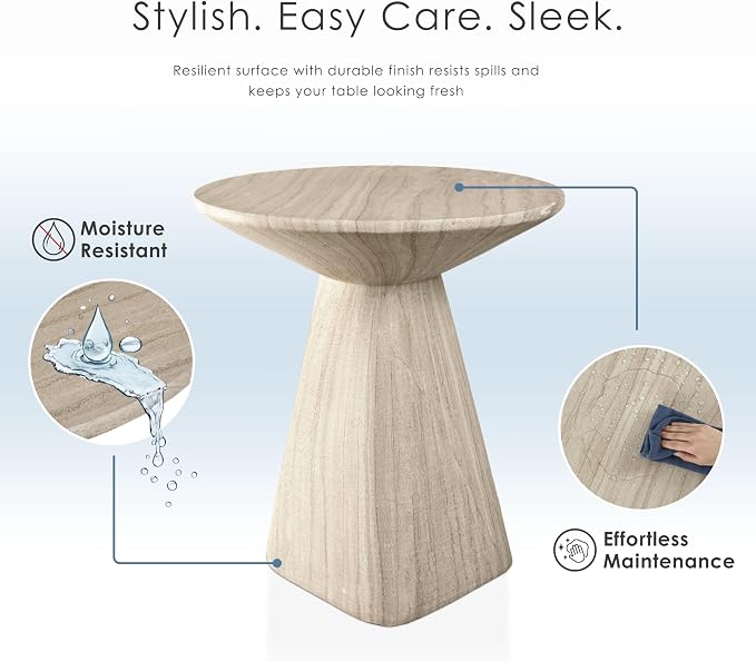 24/7 Shop at Home Ranera Modern 18-inch Natural Stone Side Table with Angular Pedestal Base, Marble Nightstand, Geometric Patio End Table, for Living Room, Covered Outdoor Spaces, Beige Travertine