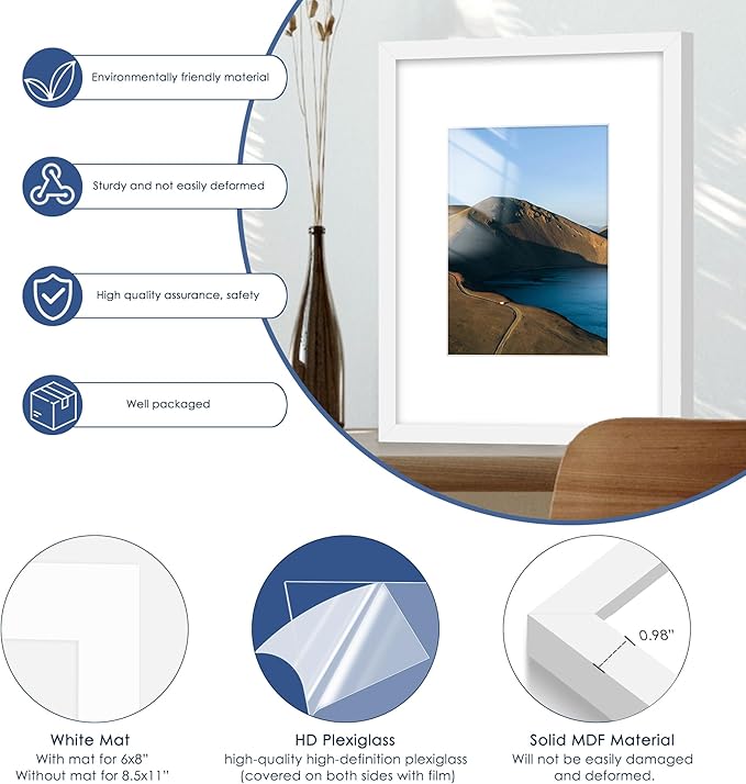 PEALSN 16x20 Picture Frame Set of 6, Display Pictures 11 x 14 with Mat or 16 x 20 without Mat for Wall Mounting Display, Poster Frames Collage for Wall Decor, White