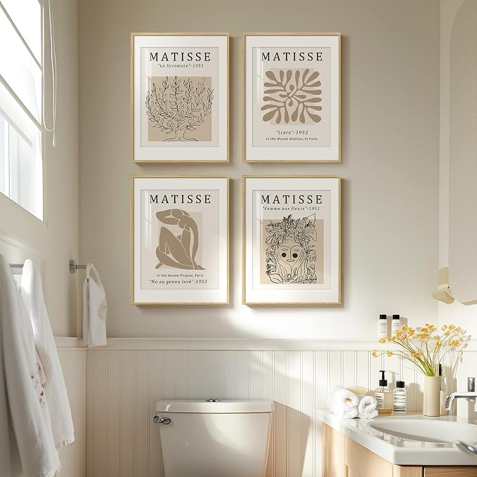 Framed Matisse Neutral Wall Art Set of 4, Beige Abstract Modern Minimalist Botanical Prints for Bathroom Living Room Dining Room Bedroom Home Office Decor, 12x16