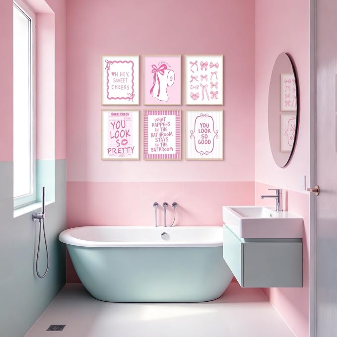 Pink Bow Bathroom Wall Art Decor Girl Coquette Posters Preppy Cute Pictures | Girly Bathroom Canvas Wall Art Pink Bowknot Aesthetic Poster Toilet Paper Prints for Washroom Restroom 8x10x6 Inch Unframed
