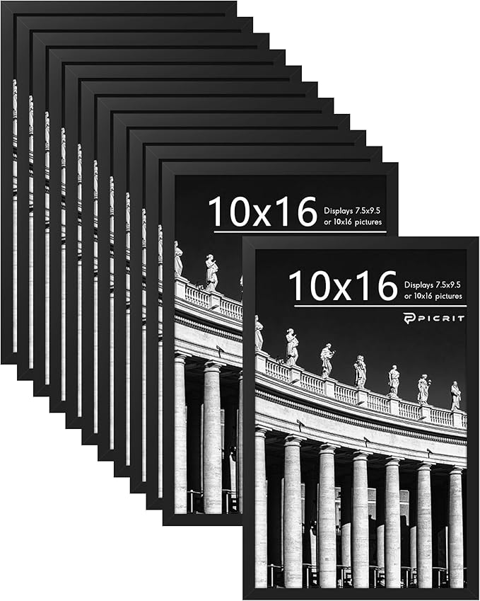 Picrit 10x16 Picture Frame Set of 12, Display 8x10 with Mat or 10x16 without Mat, Photo Frames for Wall Mounting or Table Top Display, Black