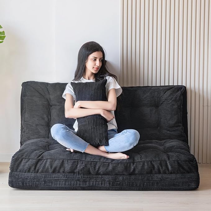 MAXYOYO Folding Sofa Bed, Tufted Bean Bag Bed with Pillows Floor Couch for Adults, Extra Thick and Long Floor Sofa, Twin Couch for Bedroom Living Room, Black, 39x91 Inch