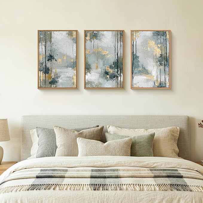 HPNIUB Abstract Forest Framed Canvas Wall Art Set, Minimalist Splash Ink Gold Green Pastel Watercolor Trees Wall Decor,Illustration Neutral Art Painting for Living Room,Dining Room,Office -24"x36"x3