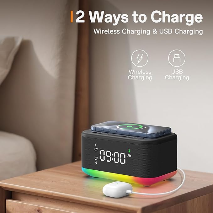 Wireless Charging Alarm Clock Bedroom, Digital Alarm Clocks Bedrooms Bluetooth, Loud Bluetooth Speaker Alarm Clock Night Light Dual Alarm Snooze 12/24H Dimmer Bluetooth AUX USB Charging, Black