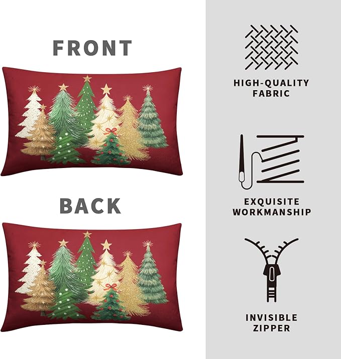 Red Christmas Lumbar Pillow Covers 12x20 Set of 2 Gold Green Xmas Tree Pillow Case Winter Holiday Throw Pillow Covers Rectangular Decorative Cushion Case for Couch Sofa