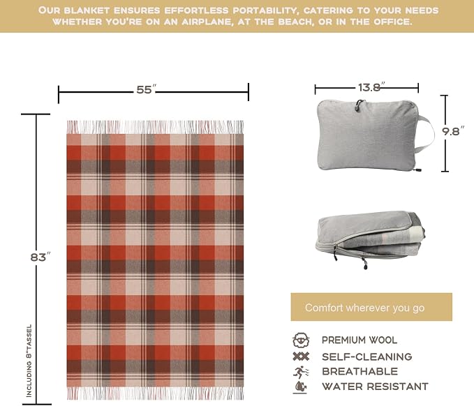 Woolly Throw Pure Wool Blanket - Large 55x83 inches, 1.5 lbs,Wool Fringed Knee Throw Blanket for Couch Bed Outdoor Travel,Soft Lightweight Breathable Blanket for All Season,Festive Plaid
