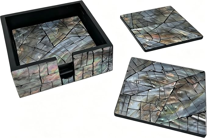 i-lan Mother of Pearl Coasters Set of 6 with Holder - 4.7" Square Drink Coasters for Kitchen, Dining Room, Coffee Table - Black Mosaik Pattern, Shell Inlay Cup Mats