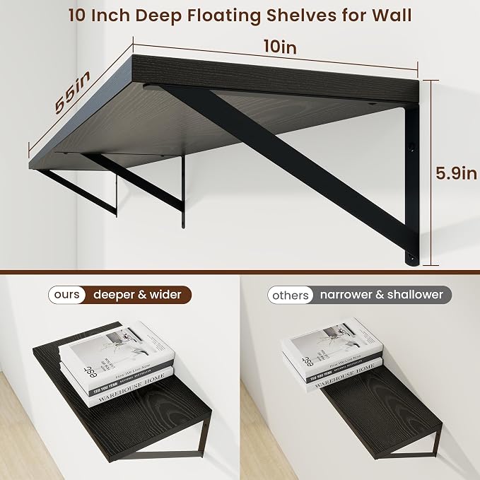 Axeman Deep Floating Shelves | 55 Inch Black Wall Shelves Set of 2 | 10 Inch Deep Wood Floating Shelves for Wall | 55" W x 10" D Black Shelves for Living Room Bathroom Kitchen